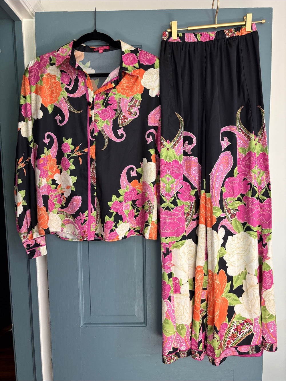 Flying Tomato Black Floral Pantsuit with Pink, Orange & White Accents